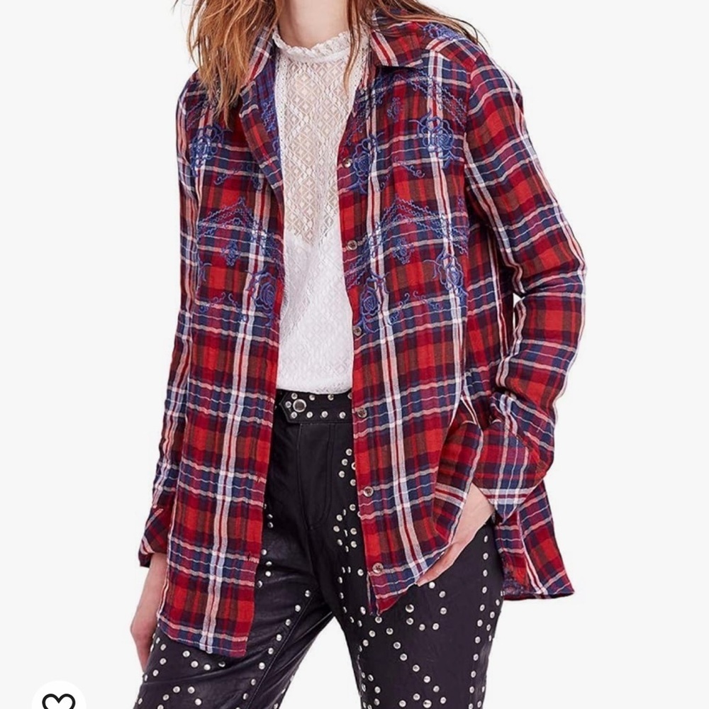 Free People‎ Red Blue Magical Plaid Embroidered Button Up Flannel Size Medium